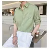Directamente del fabricante: Camisa de Rayas de Color Sólido para Hombre, Estilo Delgado, Estilo Artístico Perezoso de la Calle Principal, Casual Americano de Gama Alta, Manga de Tres Cuartos