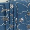 Tela de chaqueta vaquera con tirantes de diseño de mezclilla, lentejuelas, estrellas de mezclilla bordadas en jacquard, cuentas en forma de media luna