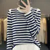 Nuevo Suéter de Lana Fina a Rayas con Cuello Redondo para Primavera y Verano Pulóver con Bloques de Color Estilo Retro Francés Top Básico con Bloques de Color Ropa para Mujer
