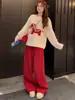 Conjunto de Roupa Primavera 2026 para Mulheres, Estilo Preguiçoso Suéter Vermelho Jacquard com Pônei e Calça Wide Leg de Cintura Alta Conjunto de Duas Peças para Mulheres