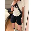Shorts jeans vintage azul escuro para mulheres, novo estilo de verão, modelador, adequado para figuras petites, cintura alta, casual, perna larga, comprimento no joelho