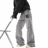 Marca de Moda Transfronteriza Estilo Americano Blanco y Gris Estampado de Letras High Street Deconstruido Ropa de Trabajo Lavado Recto Vibe Jeans para Hombres y Mujeres