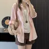 Camisa de Linho Azul Francês para Mulheres, Top de Manga Longa com Proteção Solar para o Verão, Jaqueta Camisa Casual Solta no Estilo Old Money de Algodão e Linho