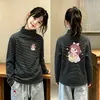 Roupa de baixo escovada para meninas, listrada, tamanho médio-grande, roupa íntima infantil quente, outono e inverno, nova, top casual de fleece infantil de manga comprida