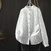 Camisa Blanca Floral para Mujer, Nuevo Estilo Primavera 2026, Doble Capa de Gasa con Encaje, Cuello Alto, Corte Holgado Artístico y Elegante