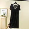 Verão Novo Modal Fino Tamanho Grande Roupa de Casa Feminina Comprimento Médio Decote V Manga Curta Camisola Pode Ser Usada Fora Vestido