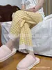 Pantalones de Algodón de Nueve Puntos a Cuadros para Mujer de Verano Pantalones de Pijama Encaje Retro Pantalones para Casa Venta al por Mayor
