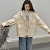 Jaqueta com capuz estilo casual coreano off-white com bolsos e detalhes de trabalho para mulheres petite, primavera e outono, top solto versátil, transfronteiriço