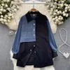 Camisa de manga larga estilo Hong Kong retro para mujer, otoño e invierno, costuras irregulares, diseño holgado de mezclilla, top con temperamento