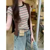 Camiseta de Verano de Algodón Puro con Bloques de Color, Cuello Redondo, Rayas, Corta, Hombro Normal, Manga Corta para Mujer, Top Adelgazante Petite de Verano
