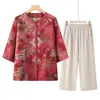 Conjunto Estampado Estilo Chinês de Verão para Mãe 2026 Novo Modelo Novo Conjunto de Duas Peças Estilo Chinês para Vovó Roupas de Camisa Floral para Senhora Idosa