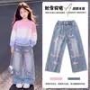 Conjunto de Moletom Degradê para Meninas Dopamina Casual Nicho Top Manga Longa Solta Jeans Wide Leg Infantil Novo