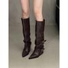 Botas de Equitação de Bico Fino Estilo Francês com Salto Grosso e Cano Alto para Mulheres, Roupa de Outono e Inverno, Circunferência de Cano Largo, Botas Calça Hot Girl Europeias e Americanas, Moda de Rua