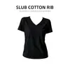 Blusa de algodão de bambu com decote V e mangas curtas para mulheres, novo estilo de verão, texturizada, modelagem que emagrece, caimento solto, camiseta casual e versátil para usar como base