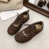 Zapatos de mujer retro con estampado de leopardo y lunares, ribeteados con encaje, suela blanda, con cordones, cómodos y versátiles, planos casuales con punta redonda, efecto adelgazante y suela suave