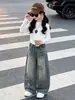 Calça Jeans Wide Leg Feminina 2026 Outono Novo Estilo Estampada Solta Longa Crianças Pequenas e Grandes Meninas Estilo Coreano Casual Tendência Outono
