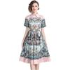 Foto real em estoque camisa gola tridimensional A-line bainha plissada vestido estampado floral com cinto