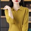 Camiseta Feminina de Algodão com Gola Polo Estilo Francês, Manga Sete Pontos, Barra nas Axilas, Top de Malha Soltinho com Lapela