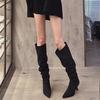 Botas de tacón alto de aguja con punta fina, estilo retro europeo y americano, de moda para mujer, con fruncido, de doble uso, caídas, en color gris caqui, botas largas