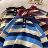 Suéter gola polo masculino outono e inverno estilo Hong Kong solto marca de moda casual listrado cor contrastante casaco de suéter suéter versátil