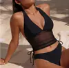 Bikini de dos piezas separado para mujer, de estilo nuevo, color liso, sexy, con cordones en la espalda, sin espalda, para playa, transfronterizo europeo y americano