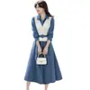 Vestido versátil estilo coreano com lapela, falso duas peças para mulheres, novo estilo mais vendido com cintura de amarração, efeito emagrecedor, saia evasê color block para primavera e outono