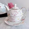 Juego de Té de la Tarde Estilo Inglés con Tetera y Taza, Cerámica Nueva Porcelana Ósea, Tetera Individual, Té para Uno