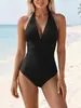 Bikini Sexy de una Pieza Halter de Venta Caliente Europeo y Americano 2027 con Diseño Fruncido, Ajustado de Color Sólido con Cuello en V Traje de Baño de una Pieza Amazon