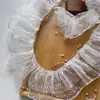Borda de Renda Franzida de Malha com Bolinhas de Veludo Branca de Camada Dupla de 8cm de Largura para Decoração de Saia de Roupa de Animal de Estimação Lolita
