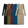 Estilo puro y seductor, escote cuadrado, vestido largo ajustado para mujer, con pliegues laterales, cintura elástica, corte favorecedor y mangas largas