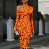 Transfronterizo Nuevo Estampado Digital Casual Personalidad Moda Temperamento Vestido de Manga Larga Hombros Descubiertos Falda Primavera y Otoño Mujer