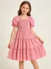 Moda de Verano para Niñas de Amazon Transfronterizo Vestido de Tirantes Cuadrados Espalda Descubierta Mangas Cortas Abullonadas Fruncido Comercio Exterior Europeo y Americano