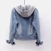 Jaqueta Curta Jeans Feminina Curta Primavera e Outono Estilo Coreano Nova Manga Longa Slim com Capuz Versátil Tops Estudante Outros