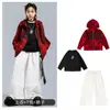 Roupas Hip-Hop Modernas para Crianças Roupas de Performance Hip-Hop Terno Largo Hip-Hop para Meninos Moletom com Capuz Vermelho para Crianças Roupas