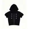Cardigan con Capucha Estilo Coreano Moda Oscura Hebilla Metálica de Doble Fila Cremallera Mangas Cortas Abullonadas Ajustado Delgado Chica Picante Camiseta