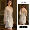 Camisola de Satén y Encaje Sexy Transparente Tentación Vestido de Noche Malla de Puntos Bata Conjunto para Casa 5875