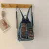 Mochila jeans retrô para mulheres, estilo coreano, multifuncional, com bordados em estilo étnico, grande capacidade, pode ser usada como bolsa de ombro ou bolsa transversal, moderna