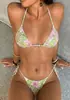 Nuevo traje de baño estilo europeo y americano, bikini femenino estampado con cuello halter de cuentas, de atar, espalda descubierta, bikini de dos piezas