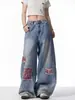 Jeans de Comercio Exterior para Mujer Estilo Americano High Street Resistentes Parches Pierna Ancha Caída Pantalones Casuales