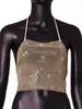 Top de rede sexy com strass YYF, Amazon transfronteiriço, design vazado, sem costas, top halter sexy, rede com strass brilhante