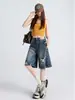 Shorts de mezclilla rasgados de moda para mujer, nuevo estilo caluroso de verano, negros de cintura alta, que cubren la cadera, de corte A, pierna ancha, de longitud media