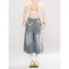 Pantalones Vaqueros Cortos con Estampado de Estrellas Retro para Mujer, Nuevo Estilo Americano de Verano, Desgastados, Sueltos, de Pierna Ancha, Rectos, 7/8