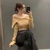 Em estoque estilo outono novo chique coreano elegante gola grande manga longa suéter de tricô feminino slim fit mostra top fino 26822