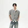 Suministro exclusivo transfronterizo: Camisa de Punto de Manga Corta con Cuello Vuelta, Estilo Old Money de Verano, Diseño Patchwork, Falso Dos Piezas, Cardigan para Commuter