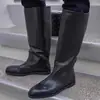 Botas altas de cuero genuino negro minimalistas, nuevas botas de equitación de punta versátiles de tacón bajo hasta la pantorrilla para otoño e invierno para mujer