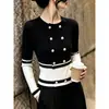 Suéter de Malha Cardigan Top Feminino Estilo Coreano 2026 Outono/Inverno Novo de Alta Qualidade Estilo Pequeno Chanel Cor Blocada Preto e Branco Slim Fit