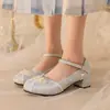 Guofeng Nuevo Llegado Zapatos Bordados 2024 Hebilla Hanfu Cheongsam Perla Tacón Medio Zapatos Comercio Exterior 4733 Zapatos Color Arroz Grueso Mujer