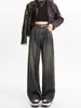 Jeans de Perna Reta Feminino Outono Novo Plus Size Menina Cheinha Cintura Alta Solto Caimento Slim Look Alto Perna Larga Calças