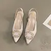 Sandalias de Verano para Mujer de Punta Fina, Moda Nueva, Mules con Perlas y Pedrería, Sandalias de Punta Cerrada con Tacón Grueso de Terciopelo