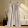 Pantalones versátiles de lino helado de verano para madres, ropa para mujeres de mediana edad, tiro profundo, cintura elástica, pantalones de pierna ancha, color liso, pantalones rectos tobilleros, ligeros